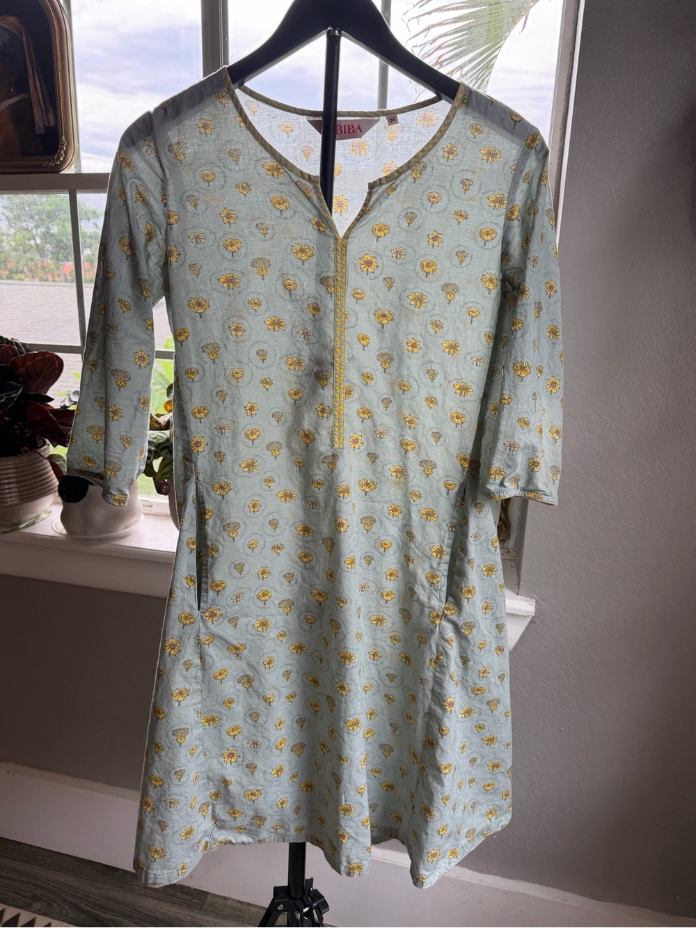BIBA Floral Tunic Dress Size 34 Blue Yellow Indian Kurta Boho 3/4 Sleeve